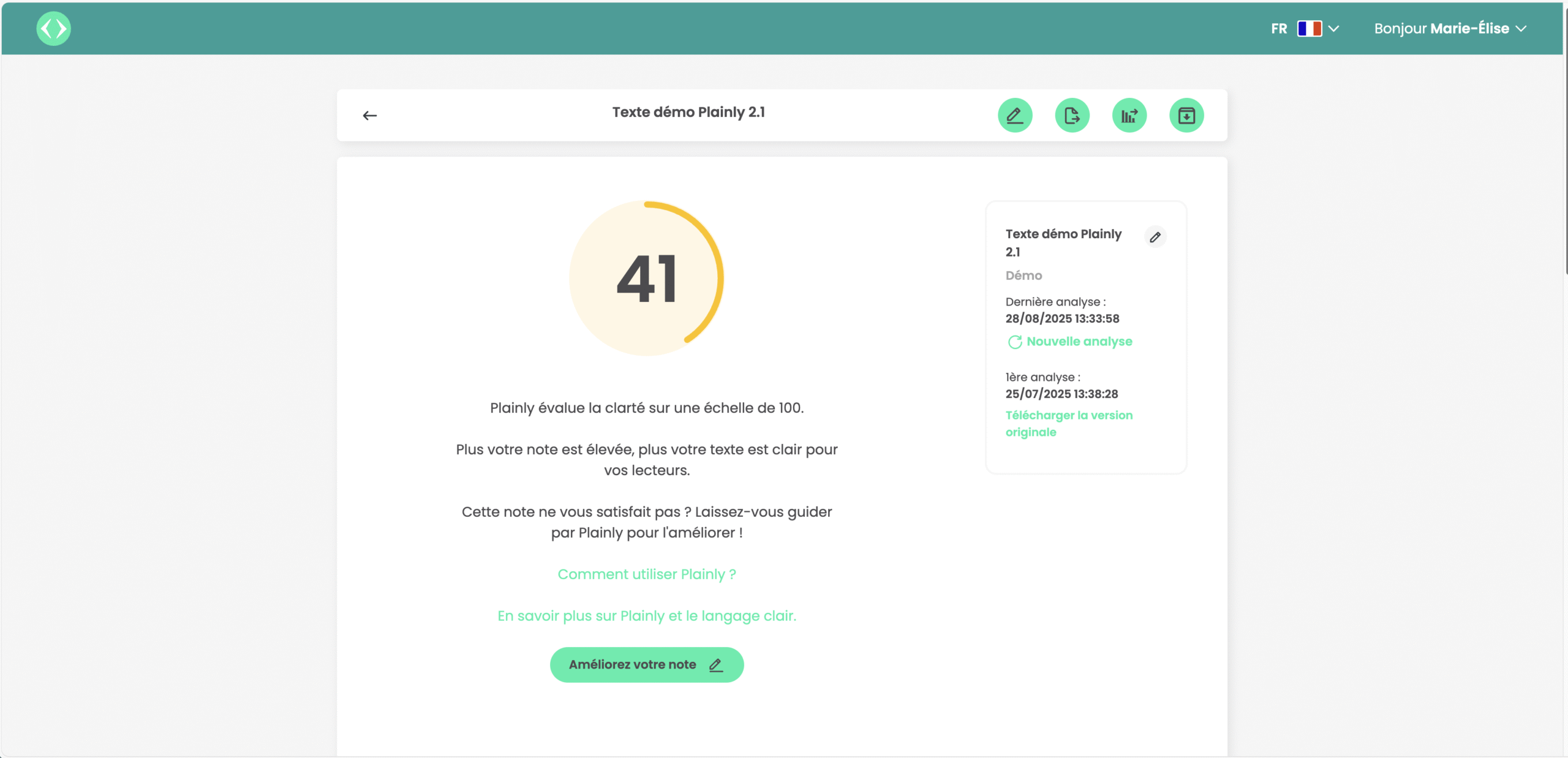 Exemple de note de clarté dans l'interface de Plainly