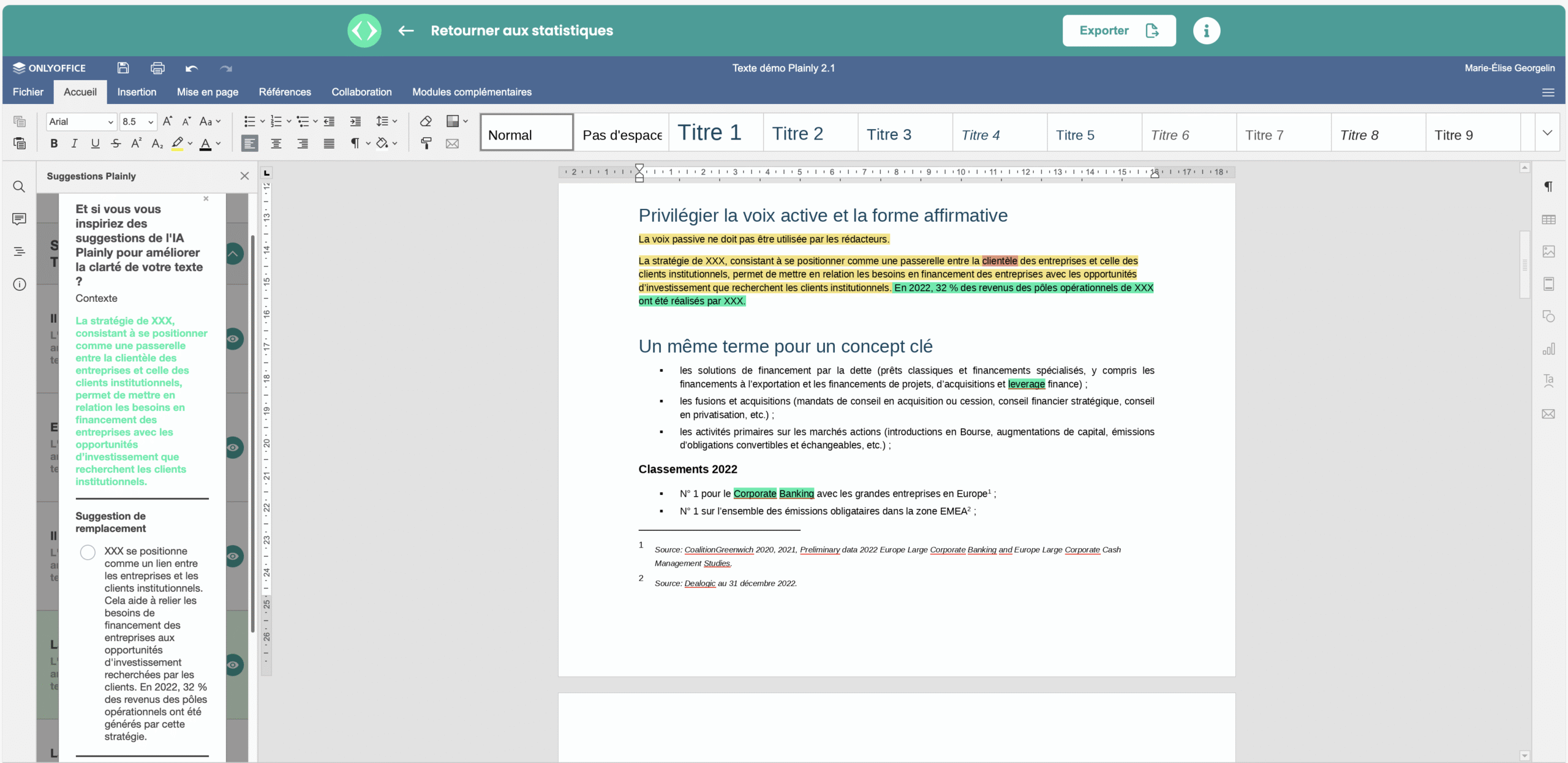 Exemple de suggestions de réécriture dans l'interface de Plainly